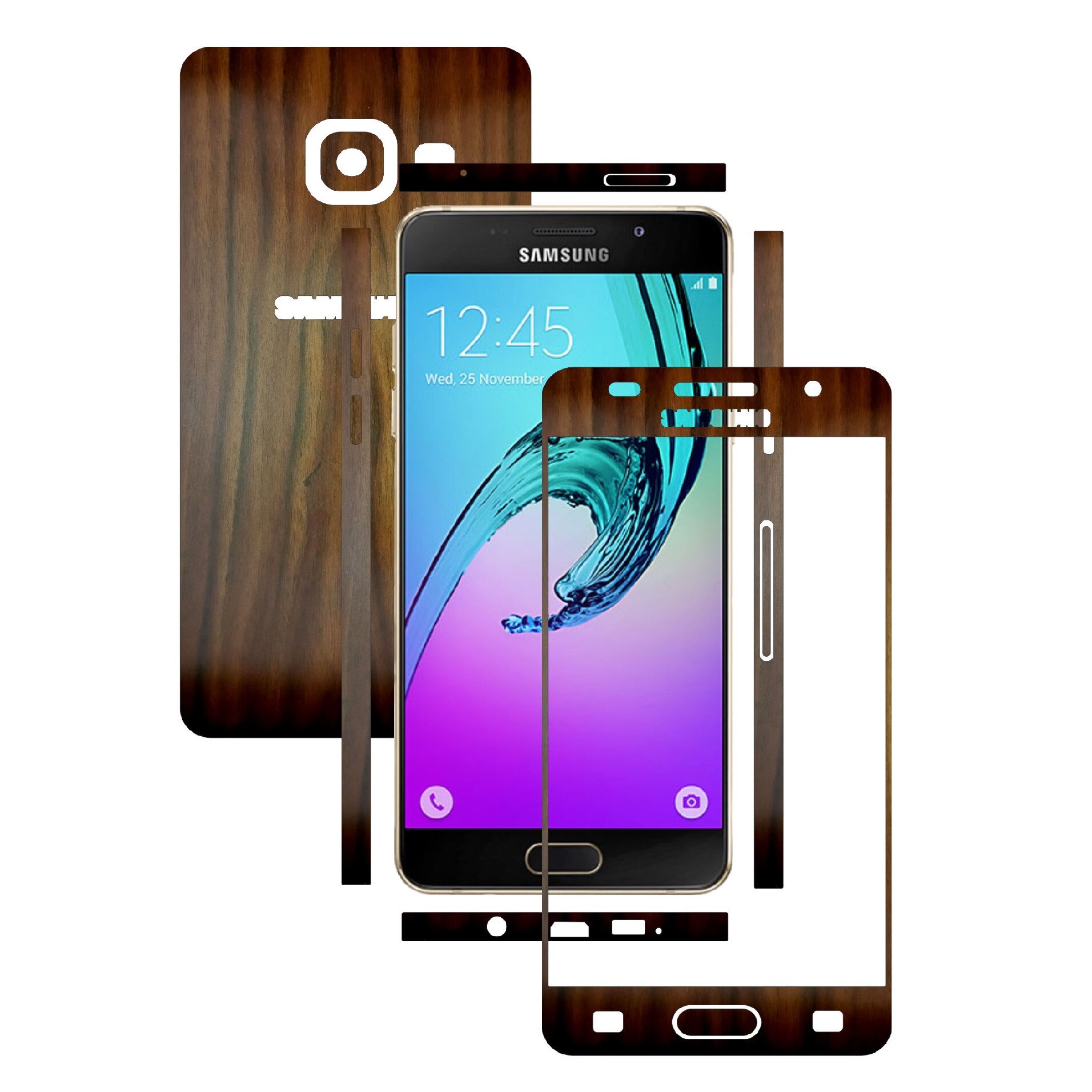 Folie de protectie Carbon Skinz, Inlocuitor Husa, Acoperire Totala a Carcasei, Lemn Nuc Inchis pentru Samsung Galaxy A7 2016 & Duos