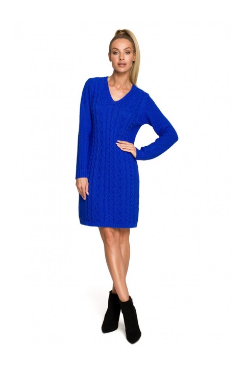 Rochie pulover MOE, Cu decolteu in V, Acril, Nylon, Albastru