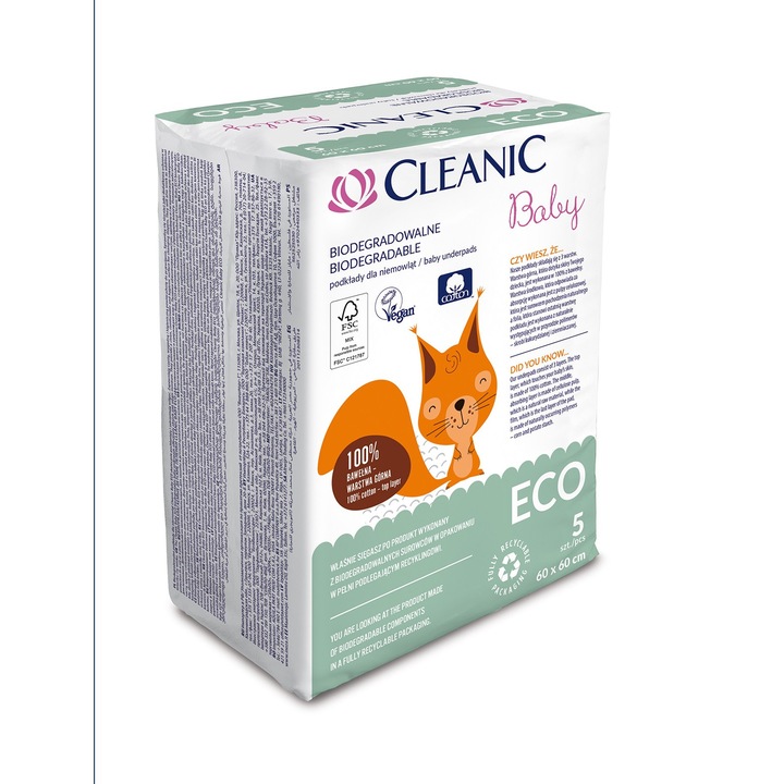 Baby Eco абсорбиращ чаршаф, Cleanic, за еднократна употреба, биоразградим, 60 x 60 см, 5 части, бял