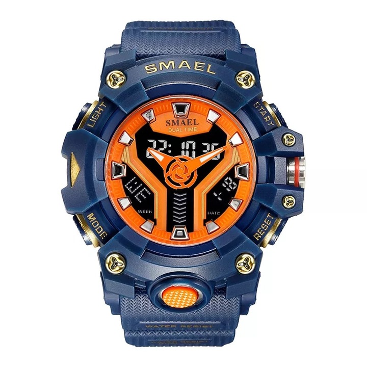 Ръчен часовник SMAEL, аналогов и дигитален, удароустойчив, кварцов механизъм, водоустойчив, таймер, аларма, син и оранжев