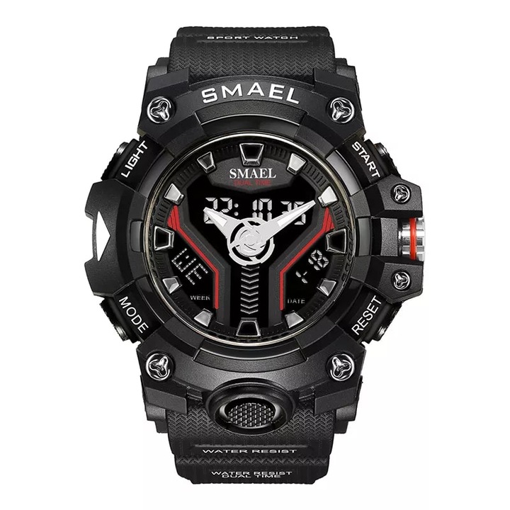 Ръчен часовник SMAEL, аналогов и дигитален, удароустойчив, кварцов механизъм, водоустойчив, таймер, аларма, черен