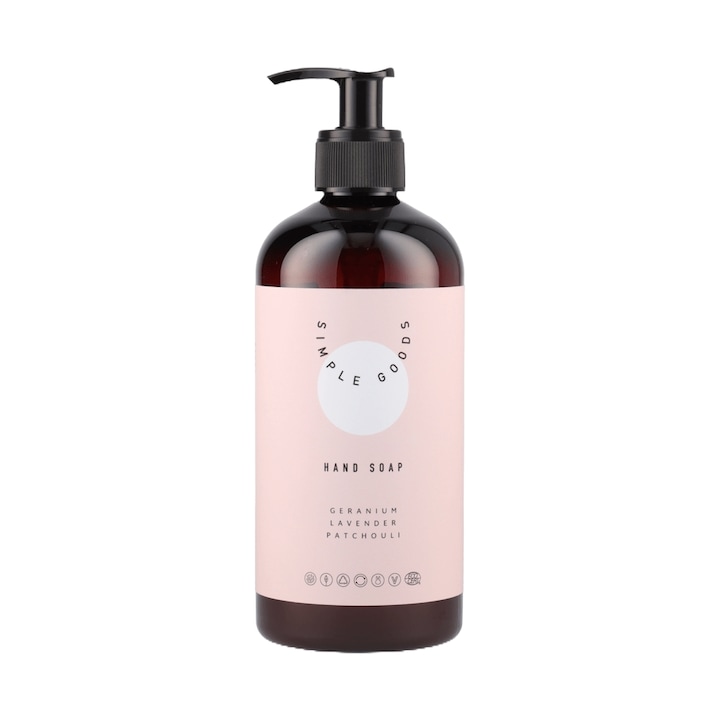 Simple Goods течен сапун за ръце, здравец, веган, аромат на здравец, лавандула и пачули, биоразградим, хидратиращ, 450 ml