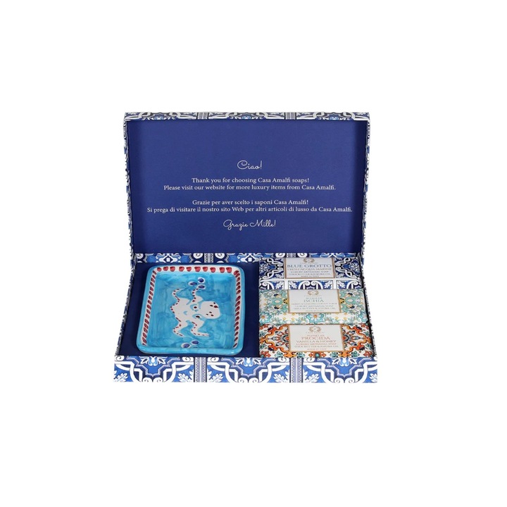 Casa Amalfi kézzel készített szappan ajándékkészlet, Blue Maiolica, kézzel festett kerámia szappantartót tartalmaz, 100% vegán, jojobaolaj, shea vaj, finoman tisztítja a bőrt, hidratáló, Olaszországban készült