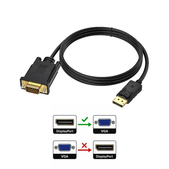 Cablu DisplayPort la VGA, JESWO®, 1.8m, 1080p/60 Hz, Transfera semnale video de inalta calitate, Unidirectional, Plug & Play, Negru