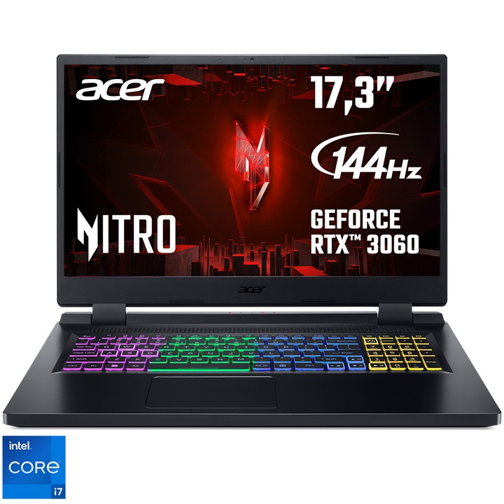 Лаптоп Gaming Acer Nitro 5 AN517-55, Intel® Core™ i7-12700H, 17.3", Full HD, 144Hz, 16GB, 1TB SSD, NVIDIA® GeForce® RTX™ 3060 6GB, No OS, Black