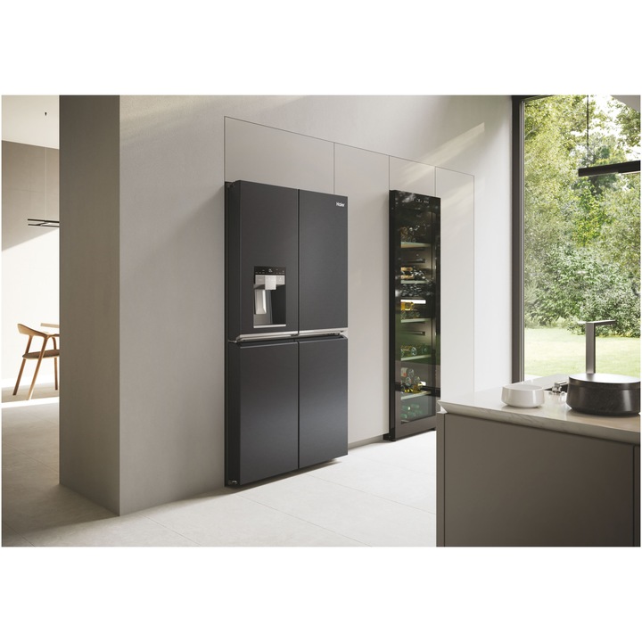Side by side Cube HAIER HCR7918EIMB, 601 l, Clasa E, Total No Frost, Compresor inverter, Dozator apa si gheata Absolute Ice, H 177.5 cm, Negru