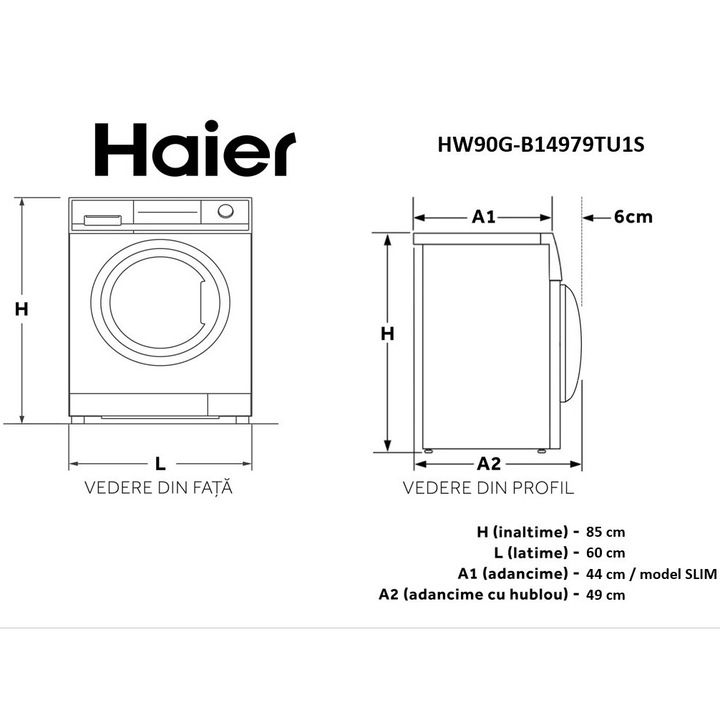 Masina de spalat rufe Slim Haier HW90G-B14979TU1, 9 kg, 1400 rpm, Clasa B, Motor Direct Motion, Refresh, ABT, Steam, Drum light, Dual spray, Pillow Drum, WIFI, Display Led cu Touch control, iTime, Smart Detecting, Alb