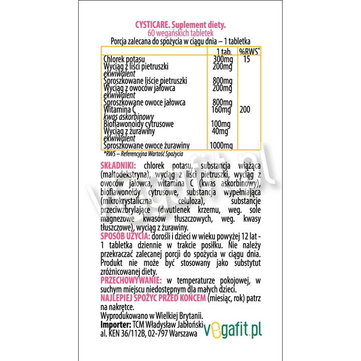 Supliment pentru sistemul urinar Cysticare, Health Aid, 60 tablete