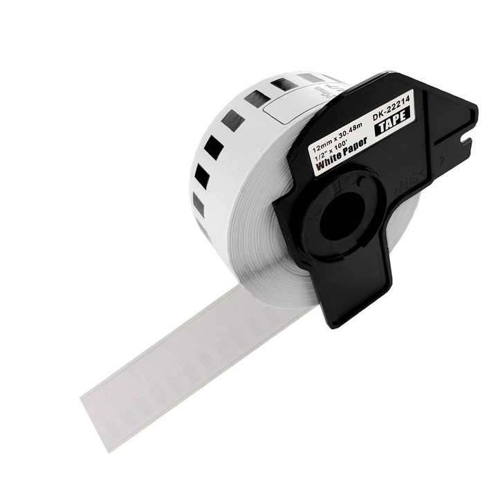 Etichete inguste modul continuu DK-22214 albe 12mm x 30.48m suport plastic inclus compatibile Brother DK-22214 DK22214