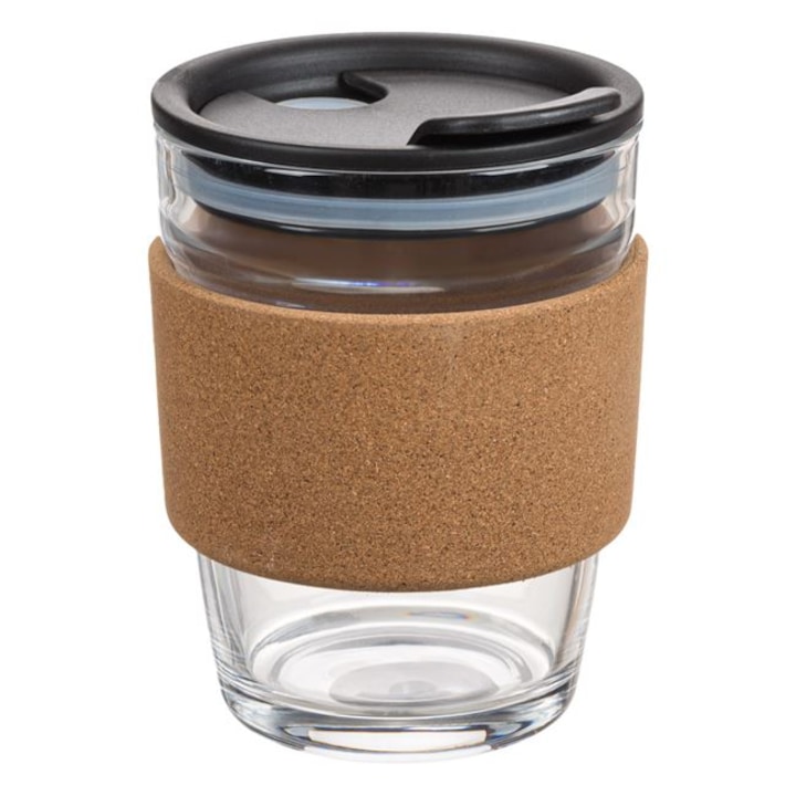 Pahar din sticla cu capac, pluta, AKS7857, 300 ml, 8,5 x 11,5 cm