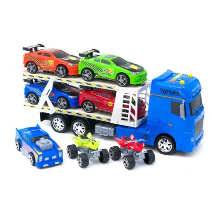 Camion cu remorca tip platforma dubla si 7 masinute de curse, deconectabile, sunet, lumini, 3 ani+