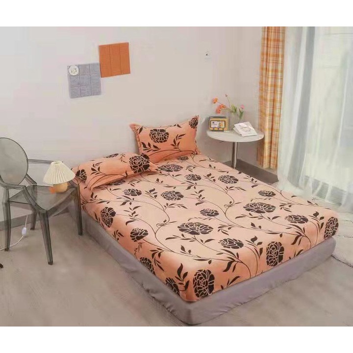 Set Husa Cocolino cu Elastic Premium, pentru Pat Dublu, 3 Piese, 2 Fete de Perna, Maro cu Flori