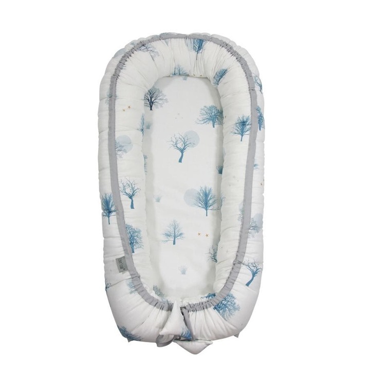 Babynest din Bumbac, Tiny Star Magic, Alb / Albastru