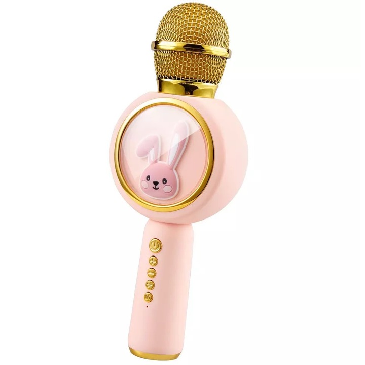Microfon Karaoke pentru copii, Bluetooth, Lumina RGB, Functie Efecte voce, Culoare Roz