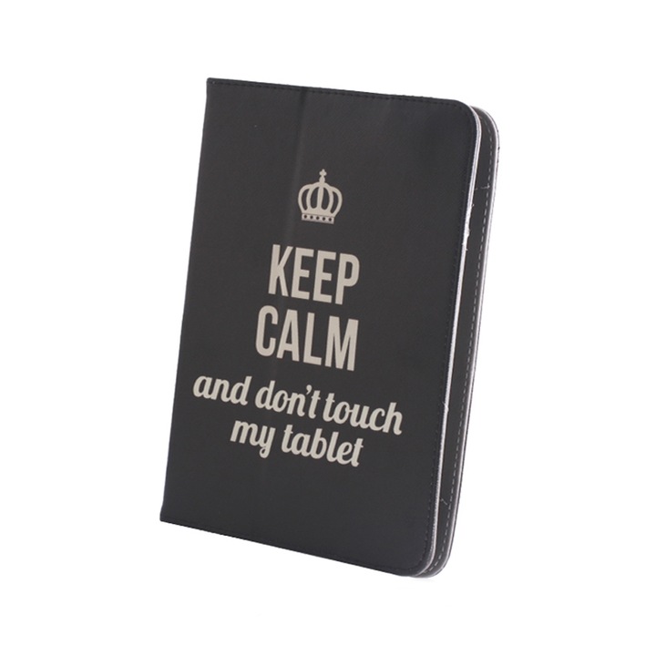 Husa BookStand, universala, pentru Tablete intre 9 si 10”, din piele organica, Model Keep Calm, Negru