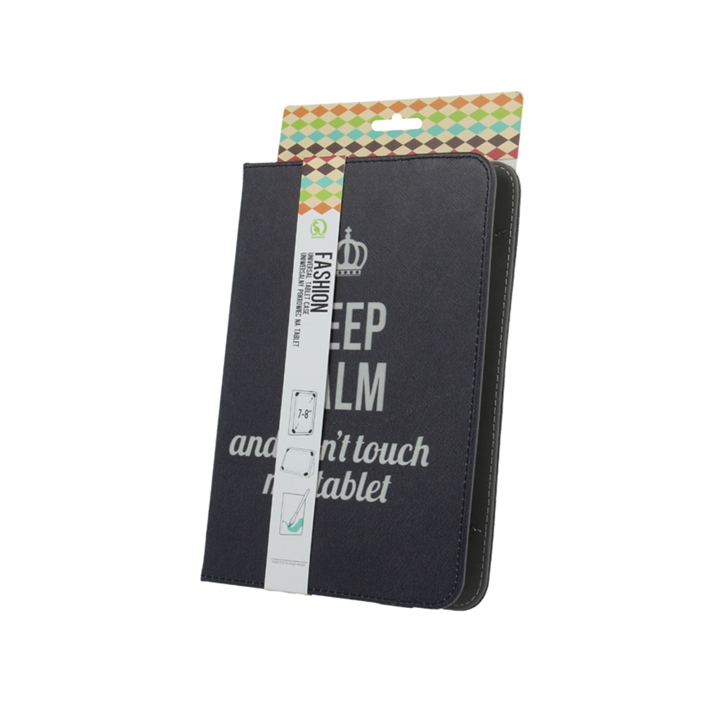 Husa BookStand, universala, pentru Tablete intre 9 si 10”, din piele organica, Model Keep Calm, Negru