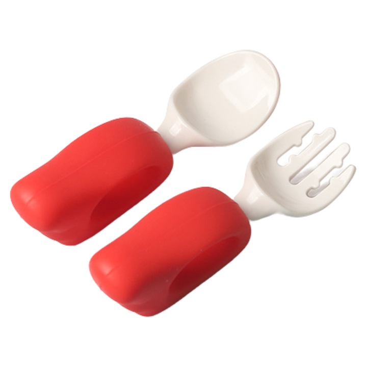OEM edzőevőeszköz készlet, 2 db-os, villával és kanállal babáknak és gyerekeknek, piros, ergonomikus nyéllel