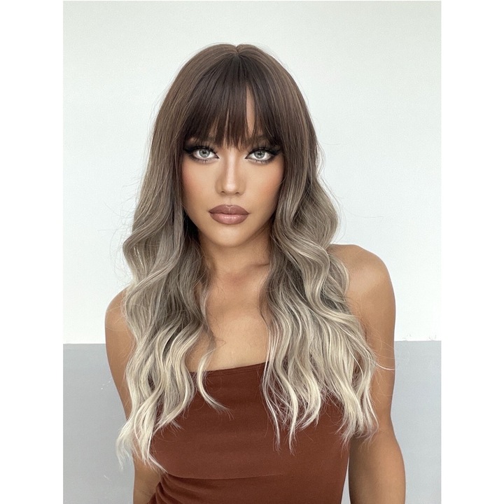 Peruca Ombre Blond, lunga ondulata, cu breton, Animis Beauty, imita par natural, 65 cm