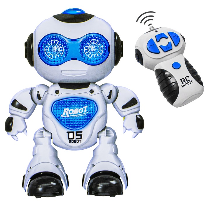 Robot dansator cu telecomanda, merge inainte-inapoi, jucarie interactiva pentru copii, alb/albastru, 22 cm