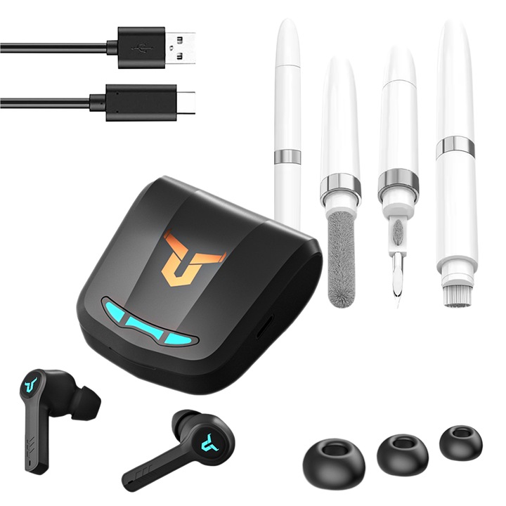 Casti Wireless fara fir, ZENNIC® Thunder, Gaming, Bluetooth 5.1, Latenta scazuta, Control prin atingere, Sunet HD, Microfon, Rezistente la apa, Compatibilitate universala