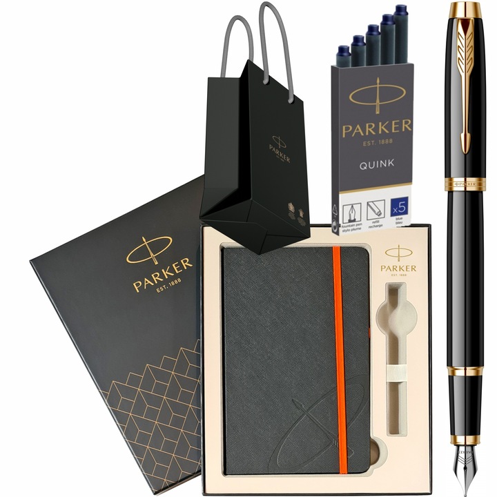 Set Parker Stilou IM Royal Black Lacquer GT cu gravura laser inclusa, cartuse lungi Parker Quink 5 buc, cutie cu agenda si punga