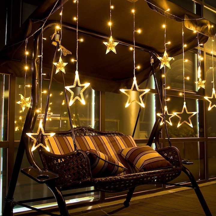 Коледна инсталация, Светлинна завеса Дъжд от звезди, за закрито или открито, 3 метра, Свързваеми, LED светлини, Бял