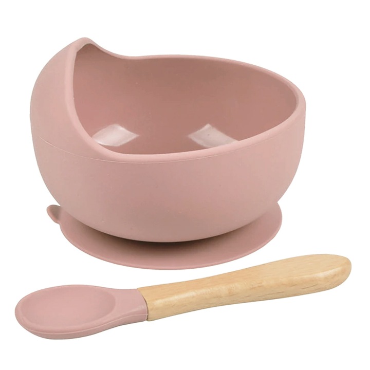 Asztali készlet, szilikon tál és kanál, BPA mentes, tapadókoronggal, Light Rose