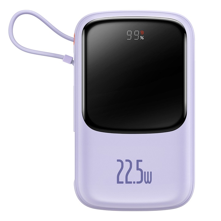 Powerbank Baseus Qpow 10000mAh вграден USB Type-C кабел 22.5W Quick Charge SCP AFC FCP, лилав, HRT-95335