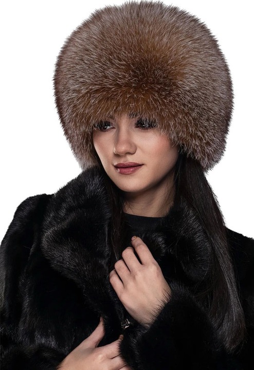 Caciula din blana naturala de vulpe, Interior captusit cu satin matlasat, Auriu, Marimea 53 cm