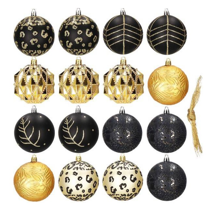 Set globuri de Craciun, 16 bucati, 8cm, 6 modele, negru auriu+