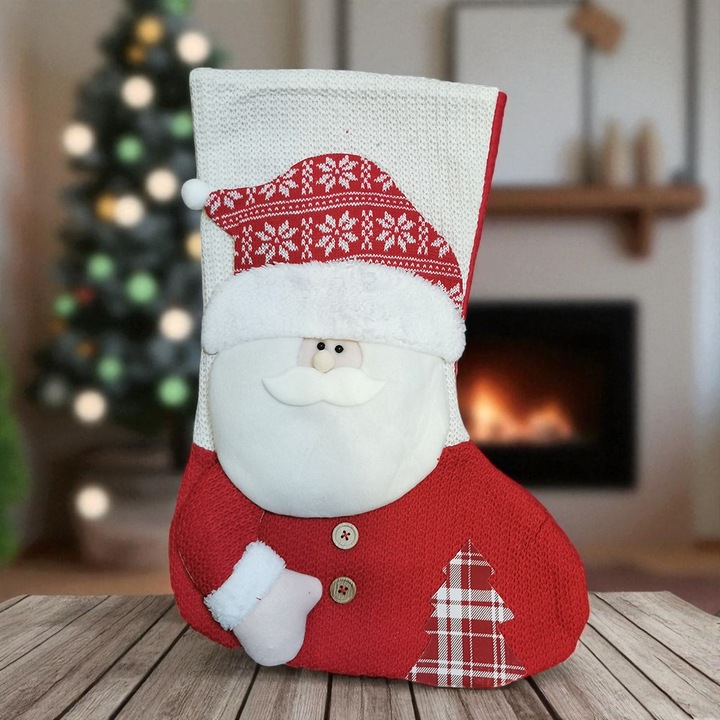 Ciorap Cadouri, culoare rosie, imprimeu Mos Craciun, marimea 50x30 cm, cu blanita si tesatura, captusita, VisionXXI