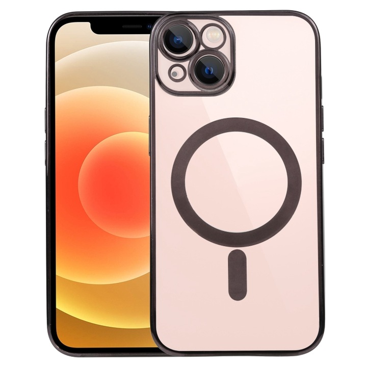MagSafe tok Apple iPhone 12 telefonhoz, teljes burkolat, kamera védelem, színes galvanizált élek, mágneses, vezeték nélküli töltés, flippy, fekete