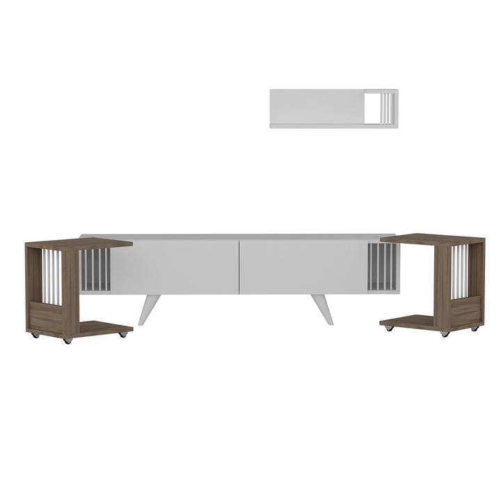 Set mobilier 4 componente suport TV cu raft si 2 mese laterale, en.casa, Glostrup, 41 x 150 x 32 cm, pal, plastic, alb, stejar