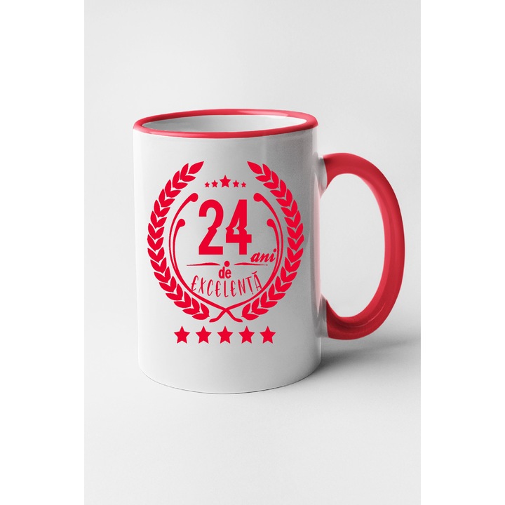 Cana personalizata cu interior rosu, "24 ani de excelenta", 330 ml