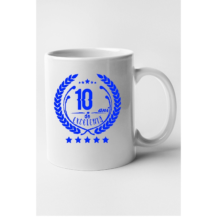 Cana personalizata cu interior alb, "10 ani de excelenta", 330 ml