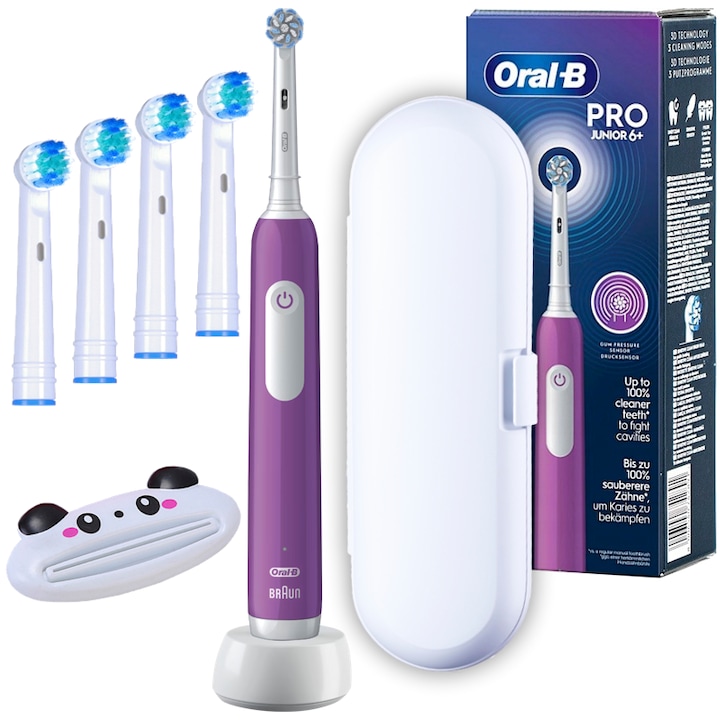 Oral-B Junior, Periuta de dinti electrica, pentru copii, violet, 4x varfuri de schimb, Storcator de pasta, geanta de calatorie