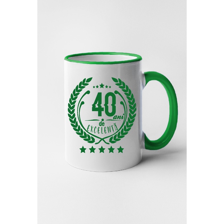 Cana personalizata cu interior verde, "40 ani de excelenta", 330 ml