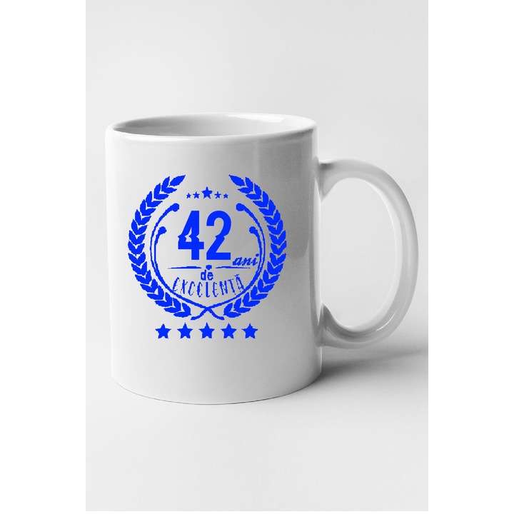 Cana personalizata cu interior alb, "42 ani de excelenta", 330 ml
