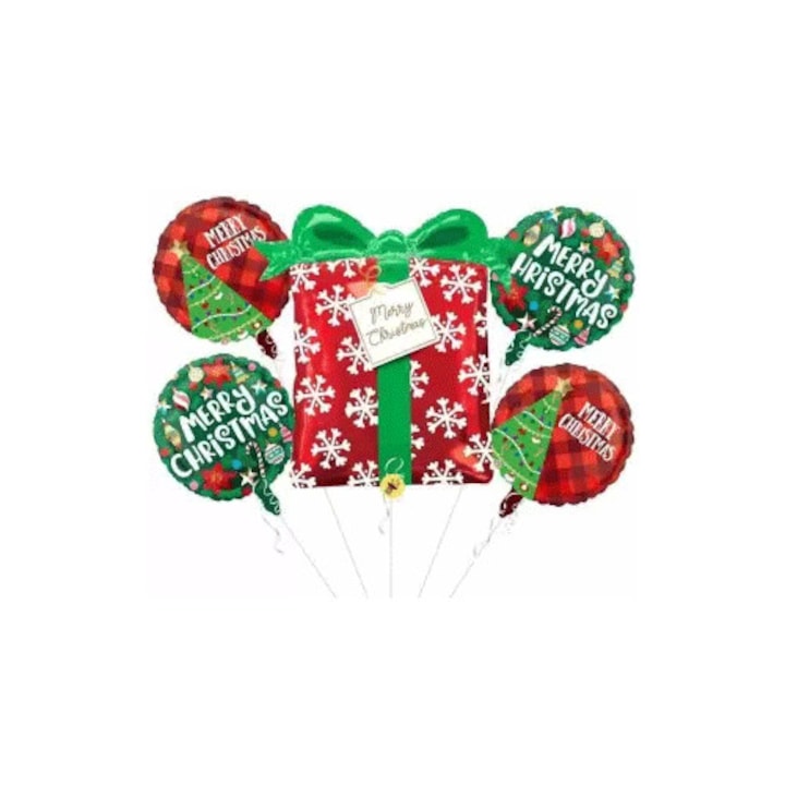 Комплект от 5 фолиеви балона с фигурка Коледен подарък