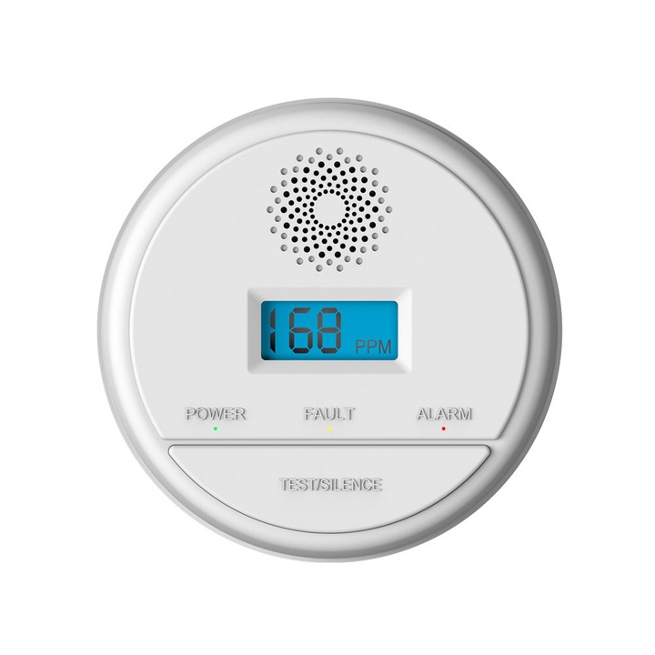 Detector de fum si dioxid de carbon, Zenno, alarma audio 85dB, afisaj LCD, senzor cu indicarea valorilor concentratiei de dioxid de carbon