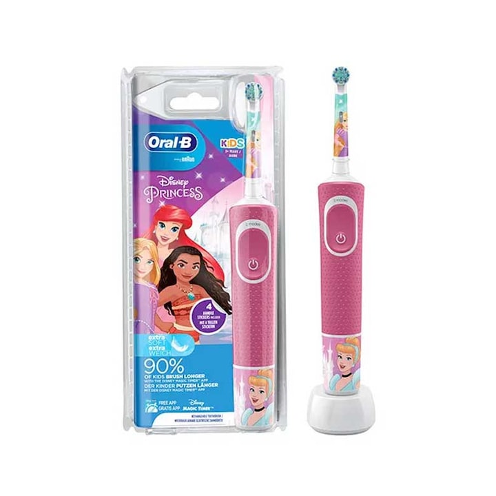 Детска електрическа четка за зъби Oral-B D100 Vitality Disney Princess, 7600 осцилации/мин, 2D почистване, 2 програми, Включени 4 стикера, Розов