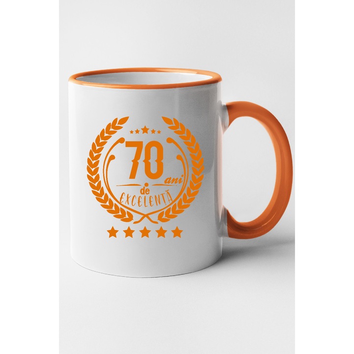 Cana personalizata cu interior portocaliu, "70 ani de excelenta", 330 ml