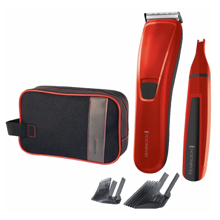 Aparat de tuns Remington HC5302, Cadou trimmer pentru nas si urechi, Folosire 40 minute fara fir, Lame comfort tips, Rosu