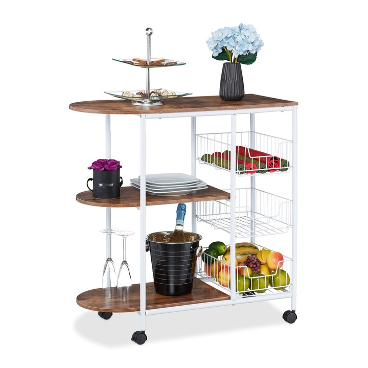 Carucior servire Relaxdays, cu 3 raturi si 3 cosuri, model B, 84 x 83 x 37 cm