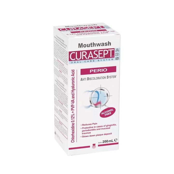 Curasept Perio szájvíz, 0,12% klórhexidinnel és hialuronsavval, csökkenti a gyulladást és az ínyfájdalmat, fogágybetegségekre, 200 ml