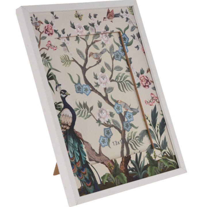 Rama foto lemn alba, cu decor floral si pasari, D29x34 cm