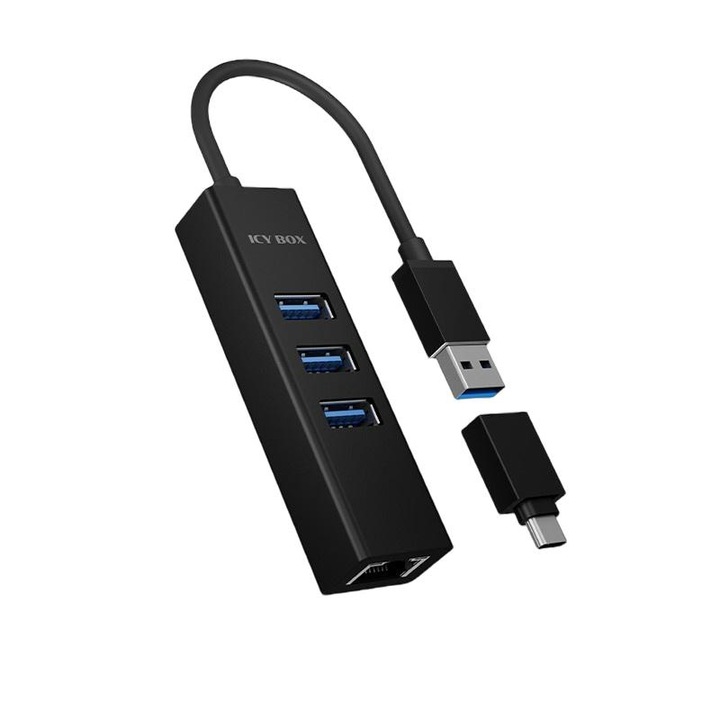 USB хъб Icy Box, 4 порта, USB 3.0/RJ-45, USB-C адаптер, Plug&Play, алуминий, черен