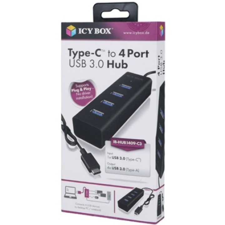 Icy Box USB Hub, 4 порта, USB 3.0, USB-C, Plug&Play, Алуминий, Черен