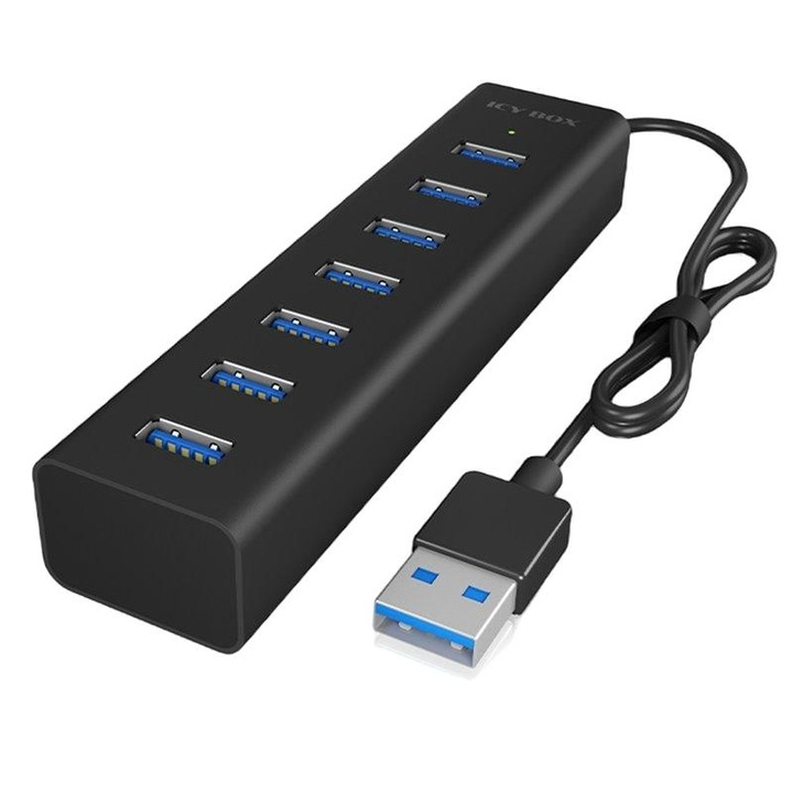 USB хъб Icy Box, 7 порта, USB 3.0, 5 V, 3 A, Plug&Play, Алуминий, Черен