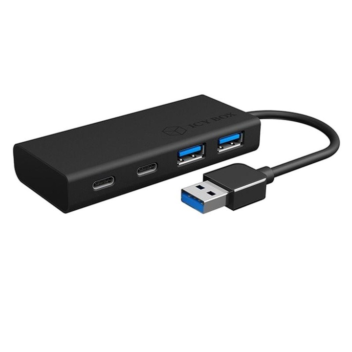 Хъб Icy Box USB Hub, 4 порта, USB-A, USB-C, 5Gbps, Plug&Play, алуминий/пластмаса, черен